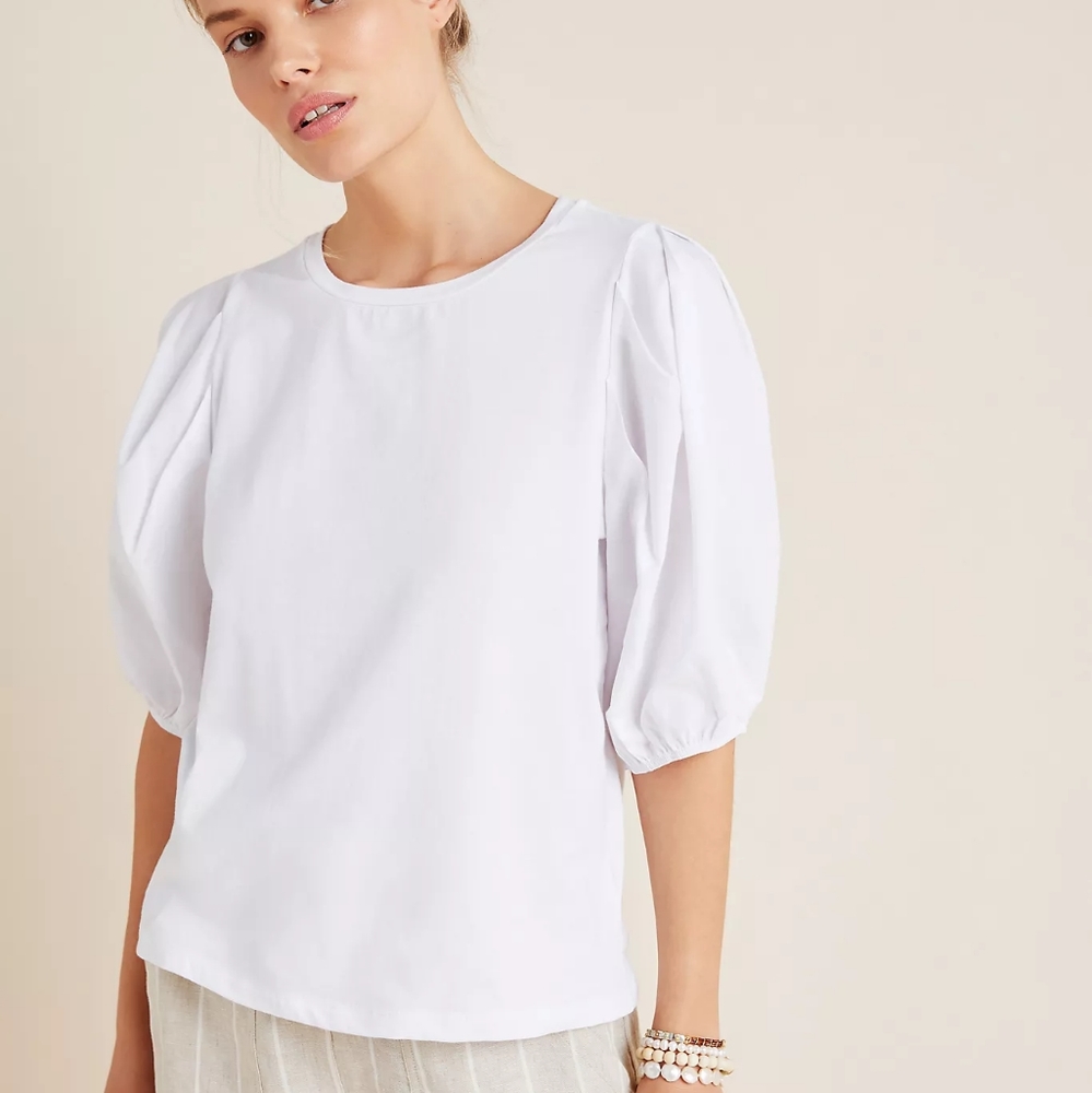 Anthropologie White Puff-Sleeve Blouse